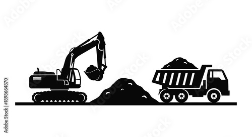 A black and white illustration depicts construction vehicles an excavator and a dump truck working on a terrain pile silhouette
