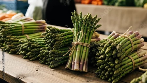 Fresh asparagus bunches displayed at farmers market stall in sequence