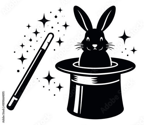 Line art illustration of a rabbit depicting a magic trick with a top hat and wand for entertainment
