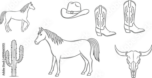 Wild West Line Art Illustration Set with Horses, Cowboy Hat, Western Boots, Cactus, and Bull Skull Icons