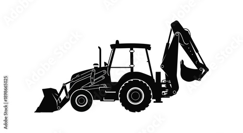 A stark black silhouette of a backhoe loader depicts heavy machinery used in construction and agricultural work silhouette high quality