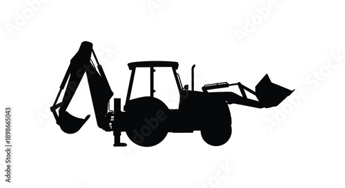 A stark black silhouette depicts a backhoe loader machine showcasing its digging and lifting capabilities silhouette high quality professional detailed modern