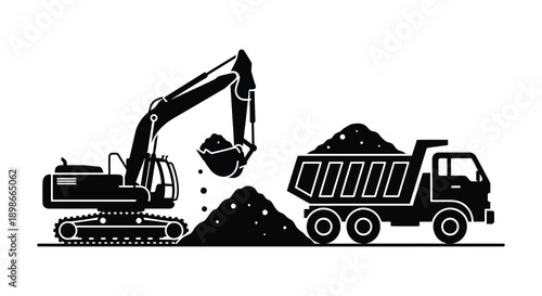 A stark black and white depiction showcases an excavator loading a dump truck with earth and debris a striking silhouette high quality