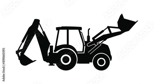 A striking black silhouette depicts a backhoe loader machine viewed from the side showcasing industrial power and construction equipment silhouette