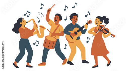 A group of happy people playing musical instruments together in harmony