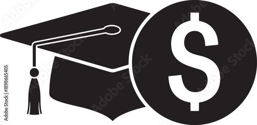Black graduation cap and tassel beside dollar sign