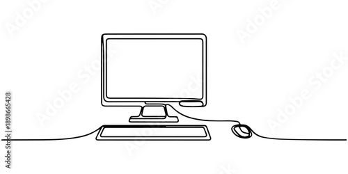 Single line drawing of computer desktop setup, Elegant minimalist line drawing of a desktop computer setup on white background, Single continuous line drawing of retro old classic personal computer