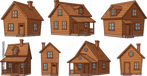Wooden Country House and Cabin Illustration Set with Rustic Cottage Designs for Rural Architecture, Village Scenes, and Game Assets