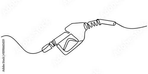 Gasoline pistol isolated on white background. One line continuous gasoline pistol art. Line art, outline, vector illustration, Gasoline pump nozzle sign hand drawn with single one continuous line.