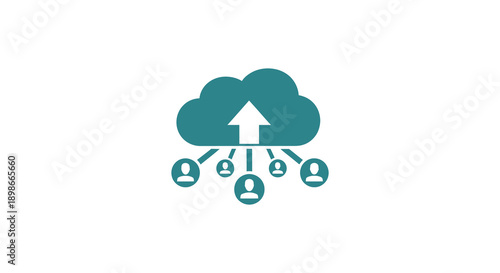 A teal colored icon depicts a cloud with an upward pointing arrow and small people silhouettes below it representing data sharing