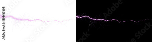 Pink lightning bolt overlay isolated. Horizontal electric discharge with magenta glow. Abstract thunderbolt strike design element. High voltage power energy flash illustration.