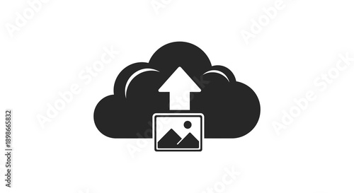 A black cloud shape contains an upward pointing arrow and a gallery image within creating a digital symbol silhouette high quality