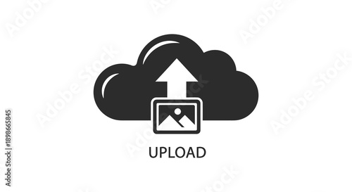 A minimalist icon depicts a cloud with an upward pointing arrow and a file image labeled upload silhouette high quality