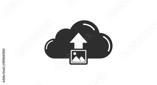 A dark solid cloud shape contains an upward pointing arrow and a smaller image within creating a distinct silhouette high quality