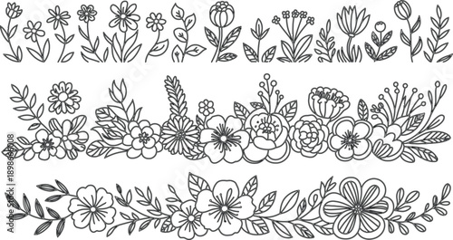 Charming Black and White Floral Borders and Decorative Elements for Artistic Projects