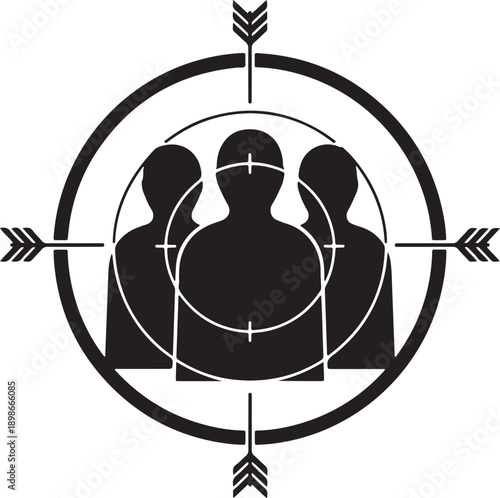 Black silhouette of three people in a target with crosshairs and arrows