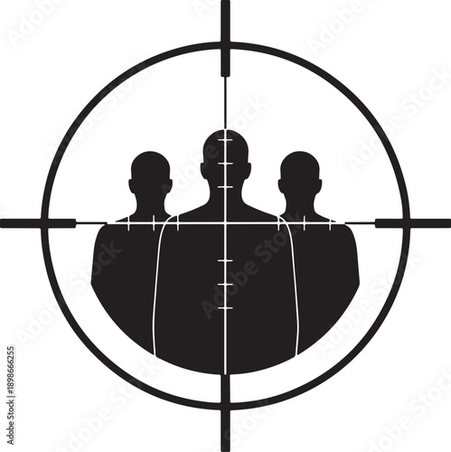 Black silhouettes of three people in a rifle scope