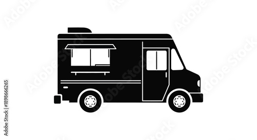 A stark black silhouette depicts a recreational vehicle likely a camper van or food truck against a white background silhouette