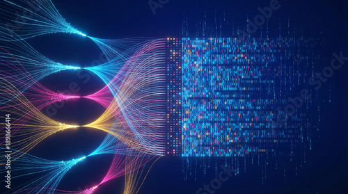 Big data technology and data science illustration. Data flow concept. Querying, analysing, visualizing complex information. Neural network for artificial intelligence. Data mining. Business analytics.