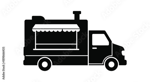 A stark black depiction showcases a food truck with a serving window and chimney presented as a silhouette high quality
