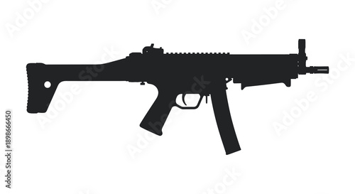 A stark black silhouette displays a modern submachine gun with detailed features and a compact design silhouette high quality professional