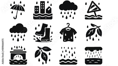 A collection of black and white icons depicting rainy day scenes