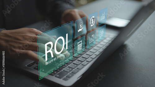ROI concept showing a professional using a laptop with digital profit and performance icons. Analyzing return on investment, profitability and financial performance through modern technology.