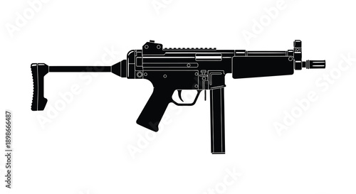 A detailed black silhouette depicts a modern submachine gun showcasing its mechanical components and design silhouette high quality professional elegant
