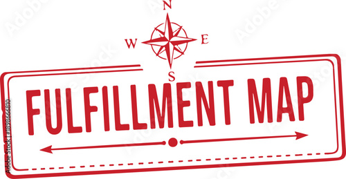 Red fulfillment map sign with compass on white background