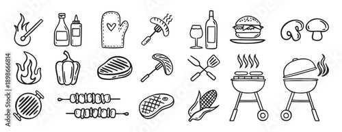 Barbecue grill party doodle hand drawn icon set. Outline drawing BBQ tools charcoal firewood and products line clipart symbol collection 