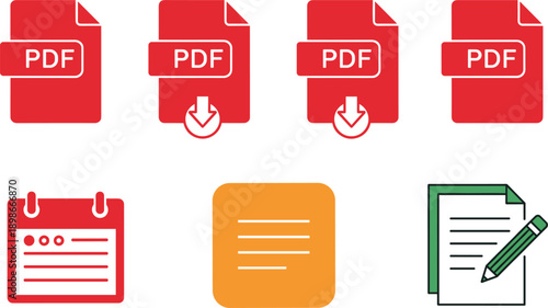 PDF document and file management icon set download calendar edit report office symbols colorful flat vector illustration