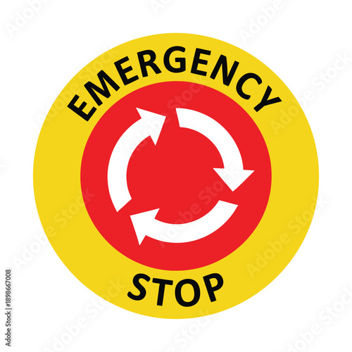 A circular yellow and red emergency stop sign with white arrows indicating a reset or stop function.