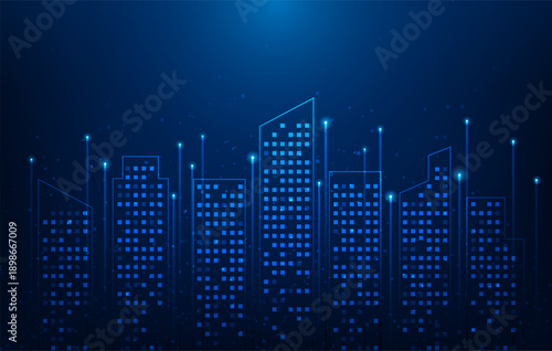 smart city internet of thing technology on blue background. cityscape iot global networks and cyber connectivity. vector illustration fantastic technology.