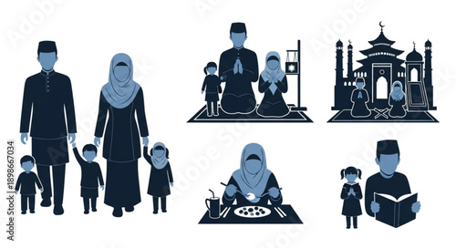 Muslim Family Silhouettes Celebrating Religious Traditions Together.