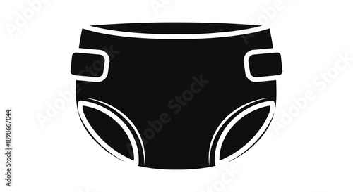 A stark black silhouette depicts a baby diaper featuring prominent leg and waist openings against a white background silhouette