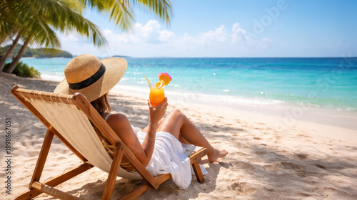 Woman in sunhat relaxing on tropical beach in lounge chair and holding a cocktail with ocean view under palm tree shade