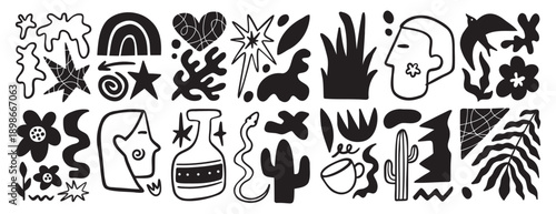 Matisse geometric doodle set organic shapes. Abstract floral naive art. Botanic elements boho aesthetics