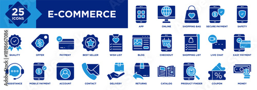 E-commerce icon collection set. Containing Online, Shopping Bag, Secure Payment, Shopping List, Wish List, Safety, Live Chat, Money, Easy Payment, Coupon icon