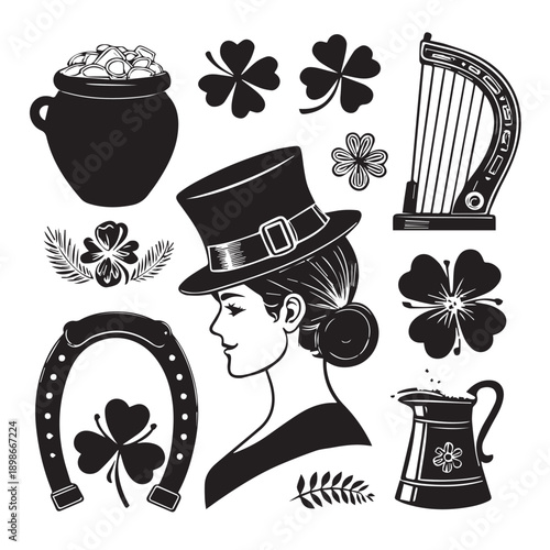 A comprehensive St Patricks Day icons set featuring a festive collection of traditional Irish holiday symbols for seasonal graphic design projects