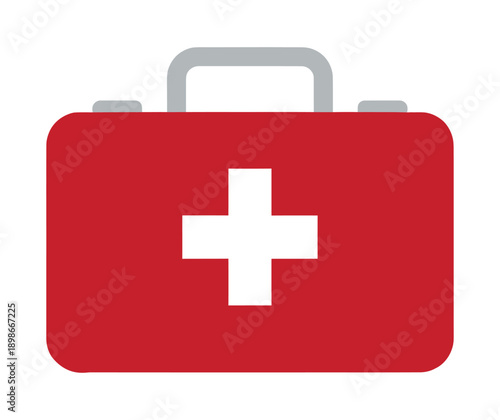 A simple, flat design illustration of a red first aid kit with a white cross on the front and a grey handle, isolated on a white background.