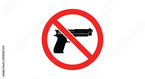 A stark red prohibition symbol displays a black firearm crossed out indicating a restriction on weapons silhouette high quality professional
