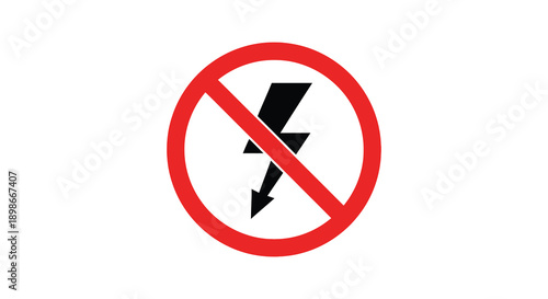 A striking red prohibition sign displays a black lightning bolt crossed out indicating electrical hazard avoidance silhouette high quality professional