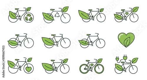 Set of eco friendly bicycle illustrations with leaves and recycling symbols.