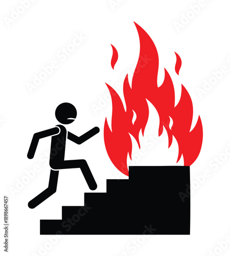 Stick figure running up stairs away from a large red fire, symbolizing an emergency exit or fire escape route.