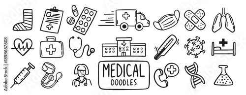 medical health care doodle hand drawn icon set. Outline drawing medical health care items line clipart symbol collection. Outline drawing line clipart symbol collection