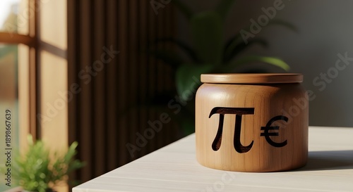 Pi day background with pi symbol on wooden jar for mathematics and irrational number celebrations