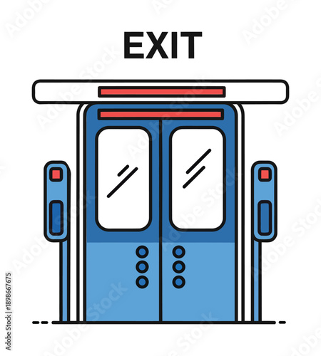 A flat design illustration of a blue double exit door with a white sign above it, commonly found in public transport hubs.