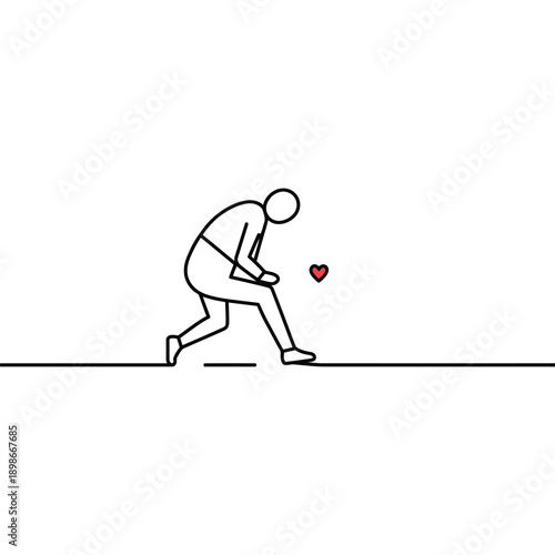 Minimalist Illustration of a Man Bending Down to Pick Up a Small Red Heart on the Ground - Symbolic Art