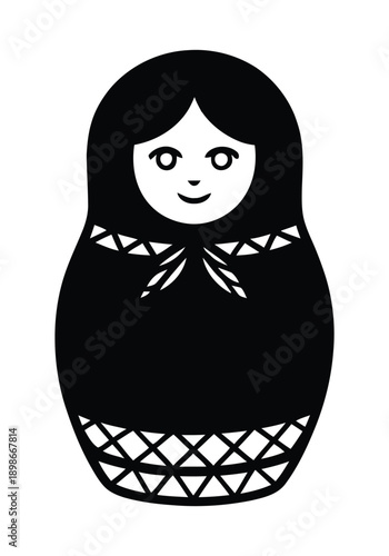 Stylized black and white illustration of a traditional Russian Matryoshka nesting doll with decorative patterns and a friendly face.