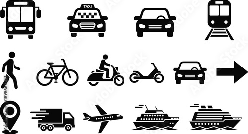 Transportation and travel icons set featuring bus taxi car bike airplane ship delivery symbols isolated black vector illustration